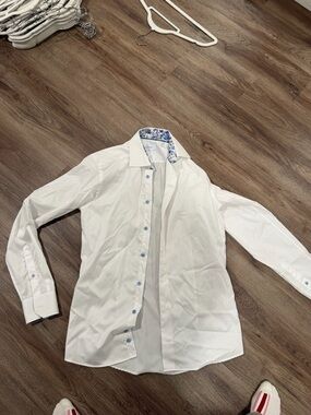 Men's White Dress Shirt with Blue Contrast Trim
